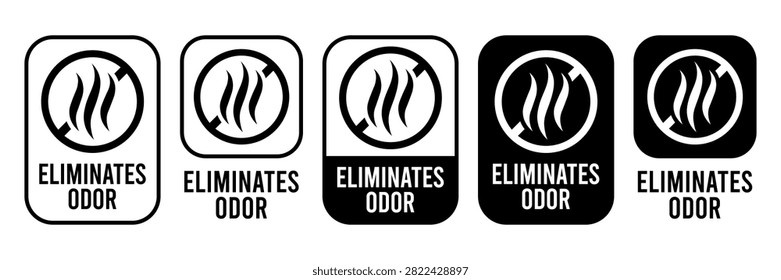 Odor odour eliminator, eliminates, eliminating, removal, removing, remover, icon set, label, logo, badge, sign, symbol, banner, sticker, stamp, circle, line, black, flat vector, isolated illustration.