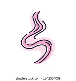 Odor pink RGB color icon. Good smell. Aroma swirl, nice perfume scent wave. Aromatic fragrance flowing spirals, wind. Smoke puff, steam curl, evaporation. Isolated vector illustration