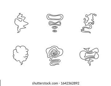 Odor pixel perfect linear icons set. Smell from hookah. Aroma from cannabis. Cigarette stream. Bad scent. Customizable thin line contour symbols. Isolated vector outline illustrations. Editable stroke