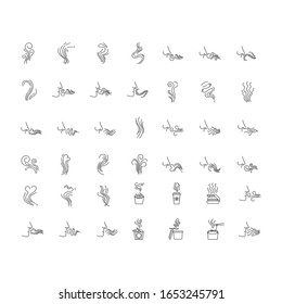 Odor pixel perfect linear icons set. Hot food steam, perfume odour. Human nose smelling scent. Customizable thin line contour symbols. Isolated vector outline illustrations. Editable stroke