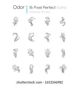 Odor pixel perfect linear icons set. Good and bad smell. Heart shape odour, fluid, perfume scent. Customizable thin line contour symbols. Isolated vector outline illustrations. Editable stroke