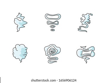 Odor RGB blue color icons set. Smell from hookah. Aroma from cannabis. Cigarette stream. Bad scent. Hot mist. Cloud of haze. Fog from gas. Incense and stench. Isolated vector illustrations