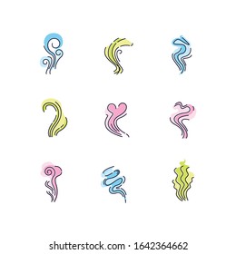 Odor RGB color icons set. Good and bad smell. Heart shape nice odour, fluid, perfume scent. Stinking stench. Aromatic fragrance. Smog stream, fume swirls. Isolated vector illustrations