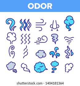 Odor, Smoke, Smell Vector Linear Icons Set. Odor, Hot Cooking Steam, Wind Outline Symbols Pack. Empty Speech Bubble, Cloud. Evaporation, Fog, Aromatic Fragrance Isolated Contour Illustrations