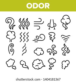 Odor, Smoke, Smell Vector Linear Icons Set. Odor, Hot Cooking Steam, Wind Outline Symbols Pack. Empty Speech Bubble, Cloud. Evaporation, Fog, Aromatic Fragrance Isolated Contour Illustrations