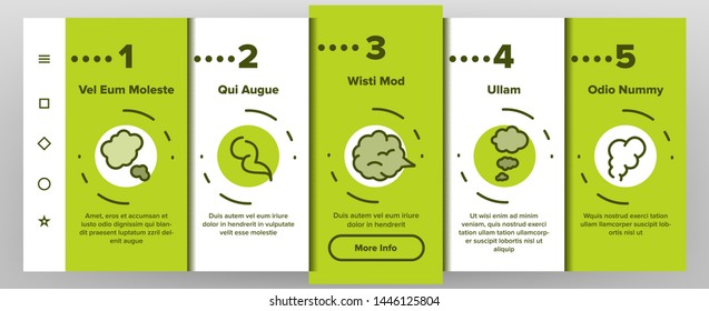 Odor, Smoke, Smell Vector Onboarding Mobile App Page Screen. Odor, Hot Cooking Steam, Wind Outline Symbols Pack. Empty Speech Bubble, Cloud. Evaporation, Fog, Aromatic Fragrance Illustrations