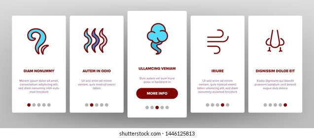 Odor, Smoke, Smell Vector Onboarding Mobile App Page Screen. Odor, Hot Cooking Steam, Wind Outline Symbols Pack. Empty Speech Bubble, Cloud. Evaporation, Fog, Aromatic Fragrance Illustrations
