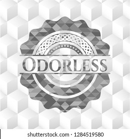 Odorless retro style grey emblem with geometric cube white background