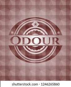 Odour red emblem with geometric pattern background. Seamless.