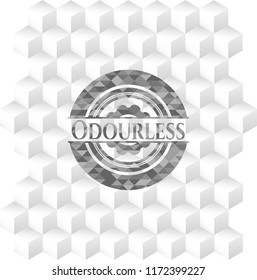 Odourless grey badge with geometric cube white background