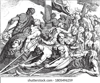 Odysseus arrives at the underworld, The ships of Odysseus and his men moor before Odysseus will descend into the underworld, vintage engraving.