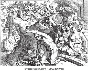 Odysseus and Calypso, On the left in the background Odysseus manages to save himself from the sea monster Charybdis by clinging to a fig tree, vintage engraving.