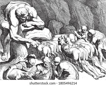 Odysseus entkommt aus der Höhle von Polyphemus, Der Riese Polyphemus, verblendet von Odysseus, öffnet seine Höhle, um seine Herde von Schafen, Vintage-Gravur.