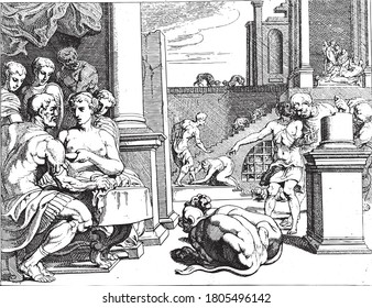 Odysseus in the Palace of Circe. On the right, Mercury offers Odysseus a herb that acts as an antidote to Circe's magic potion. Odysseus eats it and goes to Circe, vintage engraving.