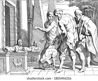 Odysseus recognized by his dog Argus, Theodoor van Thulden, after Francesco Primaticcio, after Nicolo dell Abate, Odysseus, dressed as a wanderer, is recognized by his dog Argus, vintage engraving.