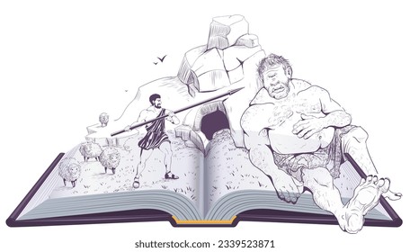 Odysseus spearing Cyclops legend and myth ancient greece ancient literature open book. Vector cartoon illustration