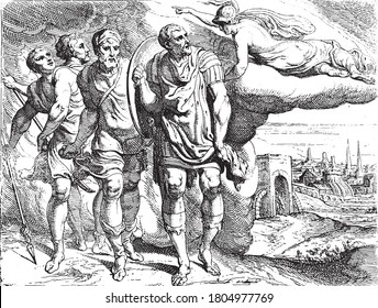 Odysseus and Telemachus en route to Laertes, Odysseus, his son Telemachus, Eumaeus and Philoetius leave the palace armed, vintage engraving.