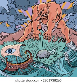 Odyssey. The evil Cyclops throws a stone. Myths of Ancient Greece. Pop Art Retro Vector Illustration Kitsch Vintage 50s 60s Style
