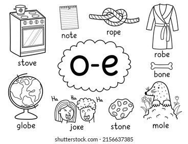 O-e digraph spelling rule black and white educational poster set for kids with words mole, joke, note, globe, etc. Learning phonics for school and preschool. Phonetic worksheet. Vector illustration