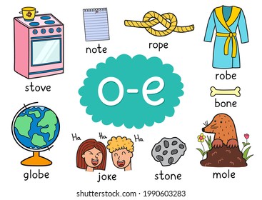 O-e digraph spelling rule educational poster for kids with words. Learning phonics for school and preschool. Phonetic worksheet. Vector illustration