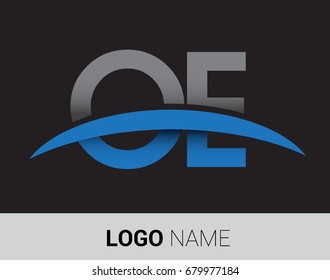 OE initial logo company name colored grey and blue swoosh design.