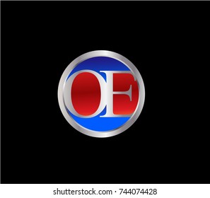 OE Letter logo Design in a circle. Blue Red and silver colored
