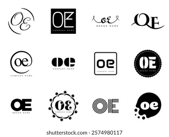 OE logo company template. Letter o and e logotype. Set different classic serif lettering and modern bold text with design elements. Initial font typography. Collection trendy business identity.