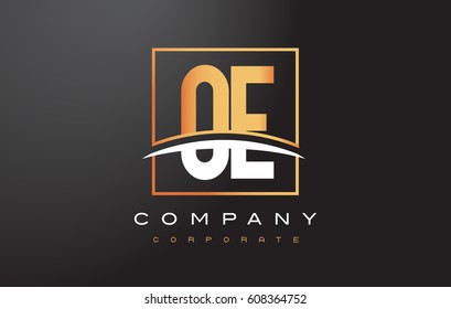 OE O E Golden Letter Logo Design with Swoosh and Rectangle Square Box Vector Design.
