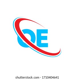 OE O E Buchstaben Logo Design. Anfangsbuchstabe OE verlinkte Kreis Großbuchstaben Monogramm Logo rot und blau. OE-Logo, O E-Design