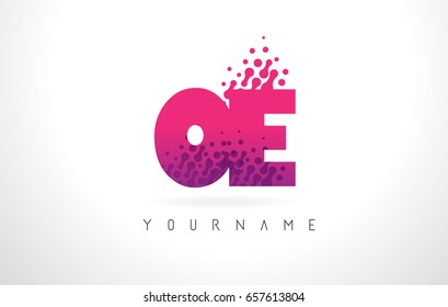 OE O E Letter Logo with Pink Letters and Purple Color Particles Dots Design.