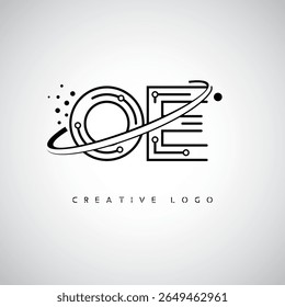 OE Orbit Monogram Logo - Futuristic Minimal Letter mark with Circular Line Art, Tech-Inspired Dots and Space Motion Concept for Modern Branding Identity (Logotipo de Monograma de Órbita OE - Marca de Letra Mínima Futurista com Linha de Arte Circular, Pontos Inspirados na Tecnologia e Conceito de Movimento Espacial para Identidade de Marca Moderna)