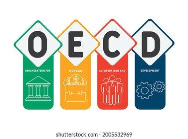 OECD -  Organisation for Economic Co operation and Development acronym. business concept background.  vector illustration concept with keywords and icons. lettering illustration with icons for web ban