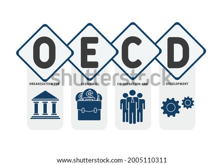 OECD -  Organisation for Economic Co operation and Development acronym. business concept background.  vector illustration concept with keywords and icons. lettering illustration with icons for web ban