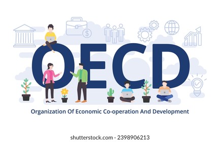 OECD - Organization Of Economic Co-operation And Development concept with big word text acronym and team people in modern flat style vector illustration