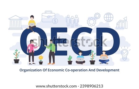 OECD - Organization Of Economic Co-operation And Development concept with big word text acronym and team people in modern flat style vector illustration