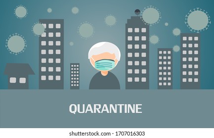 oecumenical pandemic of  covid-19 virus at developed  from coronavirus and social city distancing. staying at home with self quarantine to stop outbreak and protect virus spread. older wearing medical