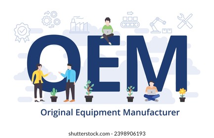 OEM - Original Equipment Manufacturer concept with big word text acronym and team people in modern flat style vector illustration