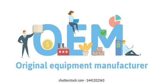 OEM, Original Equipment Manufacturing. Concept with keywords, letters and icons. Colored flat vector illustration. Isolated on white background.