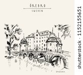 Oerbro Castle in Orebro, Sweden, Scandinavia, Europe. Old town travel sketch. Vintage touristic postcard, poster or book illustration in vector