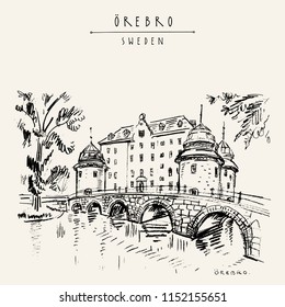 Oerbro Castle in Orebro, Sweden, Scandinavia, Europe. Old town travel sketch. Vintage touristic postcard, poster or book illustration in vector