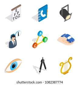 Oeuvre icons set. Isometric set of 9 oeuvre vector icons for web isolated on white background