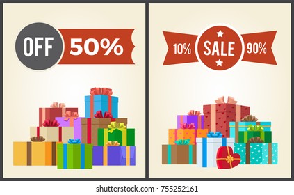 Off 50% sale from 10% to 90% set promo labels on advertisement posters with heaps of present gift boxes vector illustrations isolated on white background