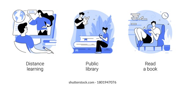 Off campus learning abstract concept vector illustration set. Distance learning, public library, read a book, off campus learning, tutoring and workshop, download e-book, homework abstract metaphor.