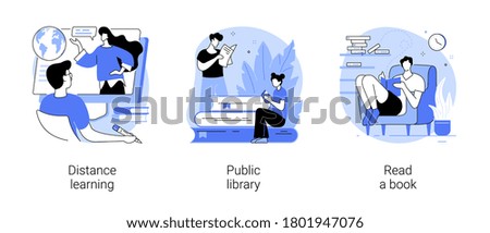 Off campus learning abstract concept vector illustration set. Distance learning, public library, read a book, off campus learning, tutoring and workshop, download e-book, homework abstract metaphor.