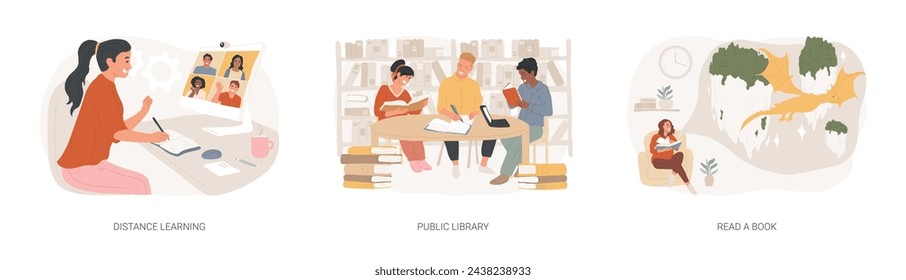 Off campus learning isolated concept vector illustration set. Distance learning, public library, read a book, off campus learning, tutoring and workshop, download e-book, homework vector concept.