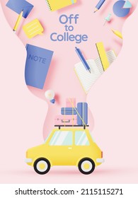 Off to college concept art with cute car with packgage on the roof in pastel color scheme vector illustration