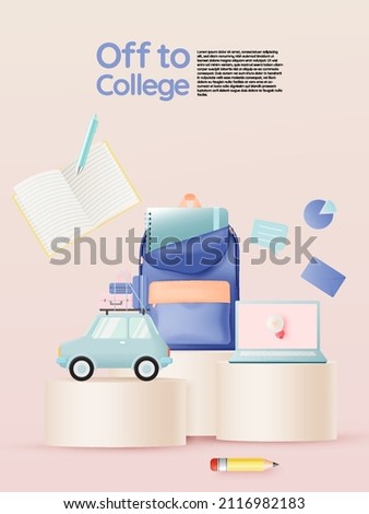 Off to college concept art with cute car with packgage on the roof in pastel color scheme vector illustration
