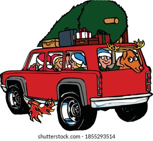 Off to Grandma's house we go for Christmas! Featuring a red SUV with family and Christmas tree heading off to grandma's house. 