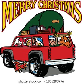 ¡Vamos a la casa de la abuela por Navidad! Con una camioneta roja con familia y un árbol de Navidad dirigiéndose a la casa de la abuela. 