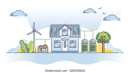 Fuera del estilo de vida de la red con el concepto de esquema de fuente de energía independiente. Construcción de electricidad a partir de paneles solares verdes y renovables o de turbinas eólicas ilustraciones vectoriales. Vivir solo autosuficiente